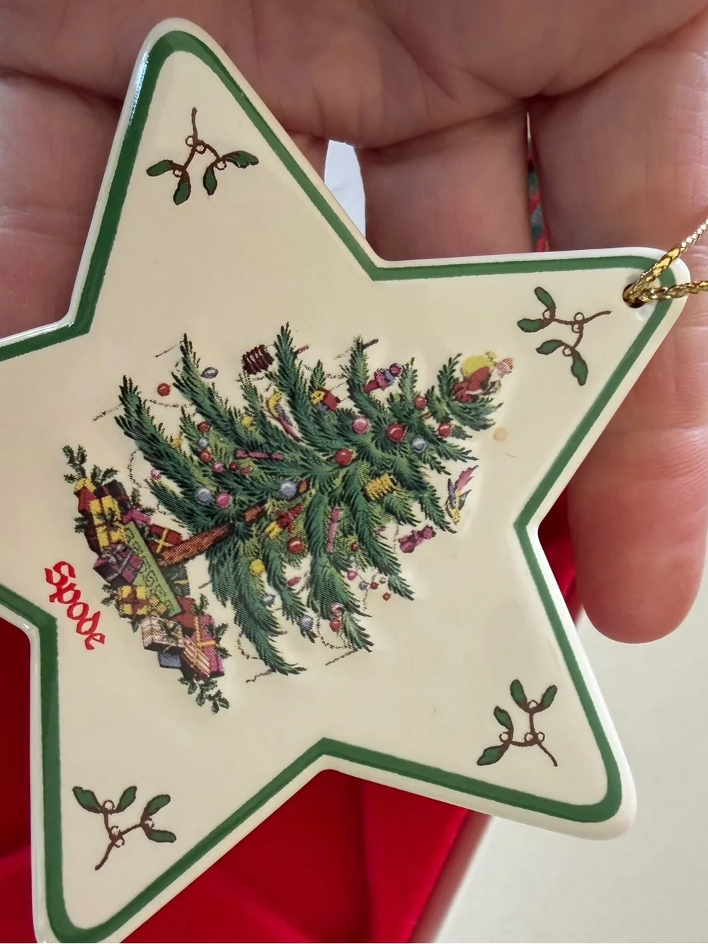 NIB Spode Star Porcelain Christmas Tree Ornament in Green and Red Accents